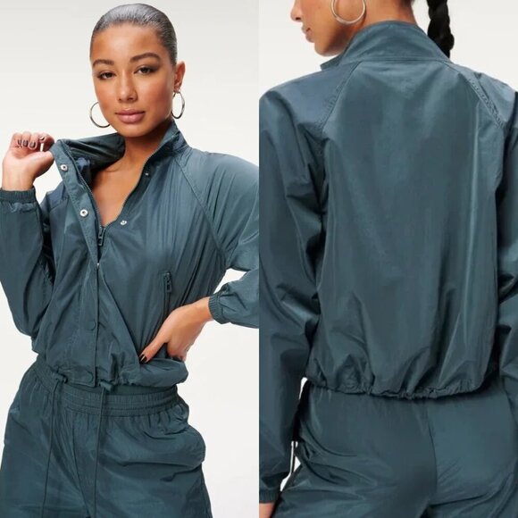 Good American Essentials Shine Track Jacket in Teal Blue - Picture 1 of 5